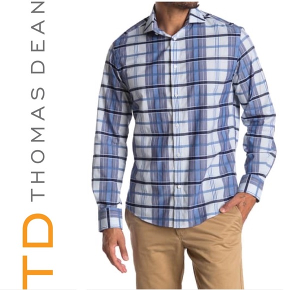 🆕Thomas Dean Blue Check Button Down Shirt - Picture 1 of 3